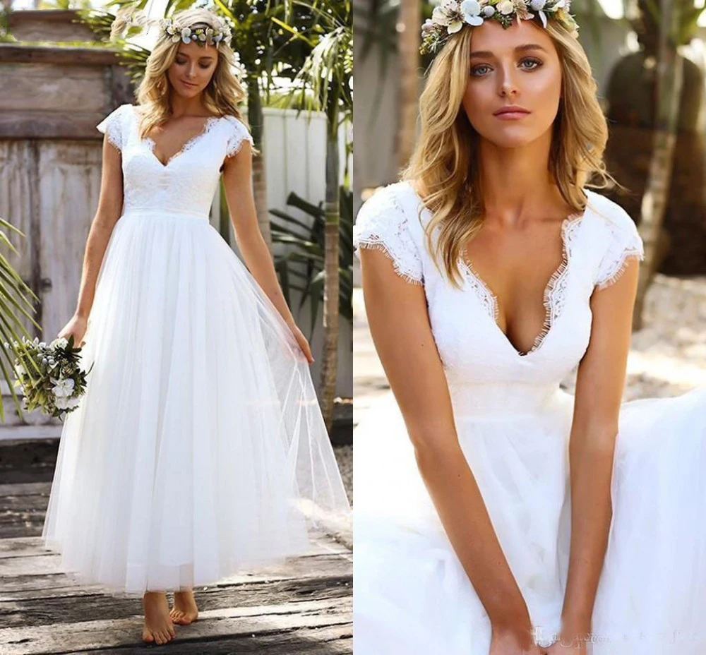 

Cap Sleeve Custom Color V Neck Wedding Dresses 2019 Plus Size A-Line Lace Tulle Beach Bride Dress Vestido