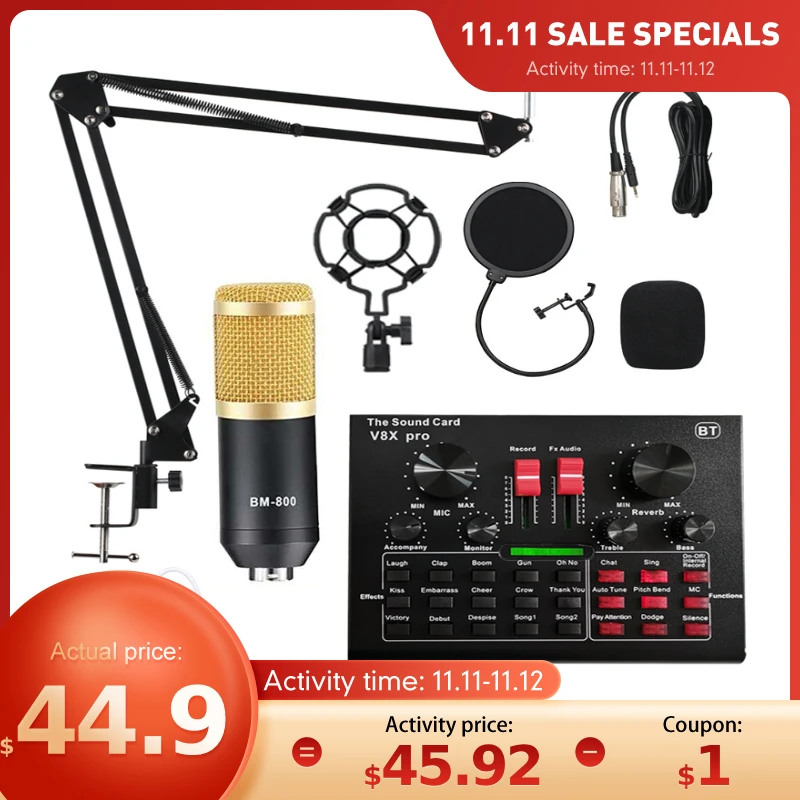 BM800 Microphone Sound Card pc Game Live Streaming dj Condenser Stand USB BT 5.0 karaoke Studio Recording Professional V8 V9 1