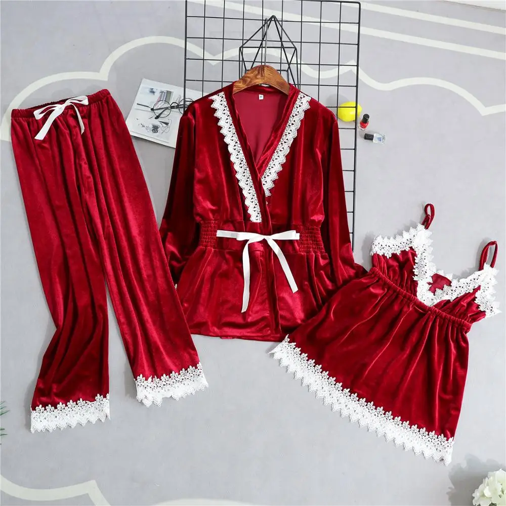 

Burgundy Spring Velour Pajamas Sets Womens 3PC Strap Top Pantsuit Sleepwear Casual Home Wear Nightwear Sexy Robe Bath Gown