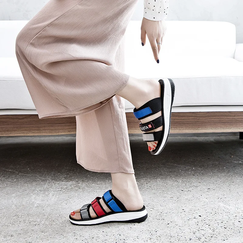 

2019 Summer round-Toe Mesh Casual Women's Slippers Velcro Line-styled Semi-high Heeled WOMEN'S Shoes