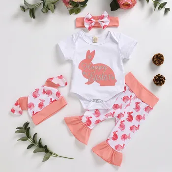 

Easter Outfit Baby Girl Clothes Set Bunny Rabbit Bodysuit Pants 3D Ear Hat 4PCS Girls Summer Outfits New Born Baby Clothes Sets
