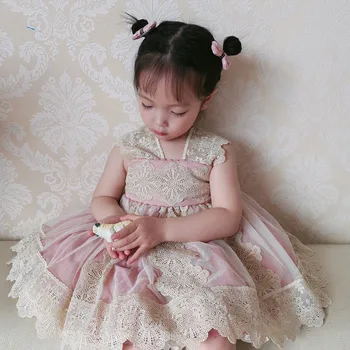 

Kids Spanish Lotia Pink Lace Dress for Girls Summer Children Boutique Spain Ball Gowns Toddler Birthday Evening Princess Dress
