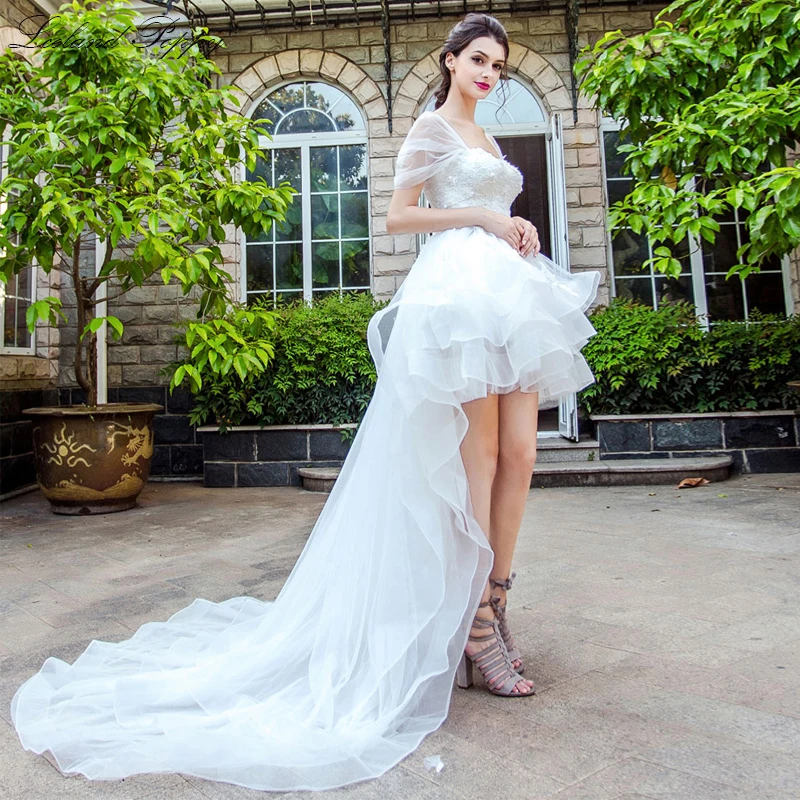 

Elegant A-line Short Tulle Wedding Dresses 2019 Puff Sleeves High Low Court Train Lace Vestido de Novia Tiered Bridal Gowns