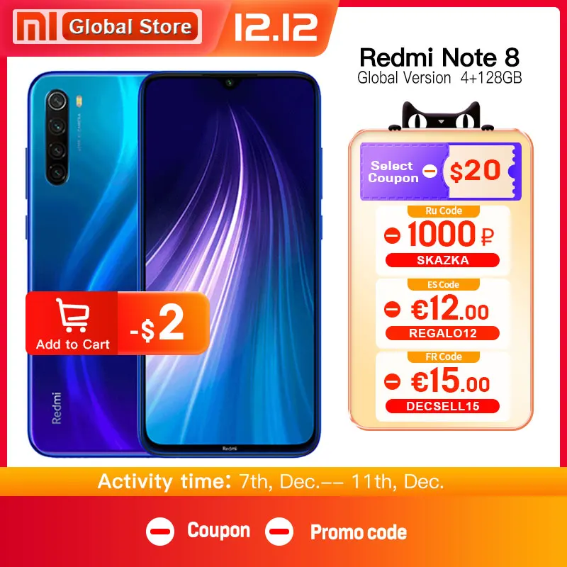 В наличии глобальная версия смартфона Xiaomi Redmi Note 8 4 Гб 128 ГБ Восьмиядерный Snapdragon 665