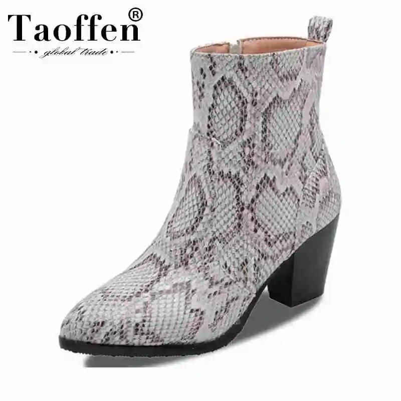 Taoffen/женские ботильоны на высоком каблуке размера плюс 32-46; зимняя пикантная обувь с острым носком и змеиным принтом; Женская Повседневная офисная обувь