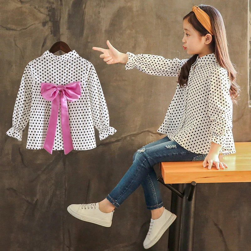Blusa de algodón con lunares para niña, camisa de manga larga con lazo grande, ropa de moda de 3 13 años, primavera y otoño|Blusas y camisas| - AliExpress