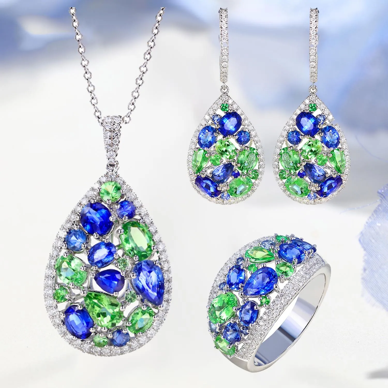 Foydjewn Color Treasure Set Di Gioielli Per Le Donne Simulazione Zaffiro Tsavorite Collana Con Ciondolo Con Diamanti Anello Aperto Orecchino A Goccia 