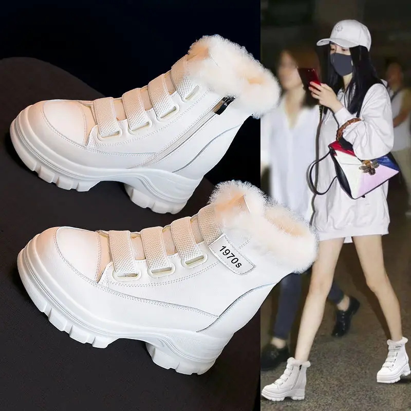 2021 New Winter Genuine Leather Elevator Snow Boots Women's Fleece-Lined Thick Quilted Martens Fur Cotton-Padded Shoes Velcro | Обувь