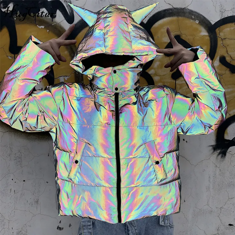 

Hugcitar 2019 reflective long sleeve hooded parkas autumn winter warm coat jacket hoodies baggy streetwear windbreak outfit tops