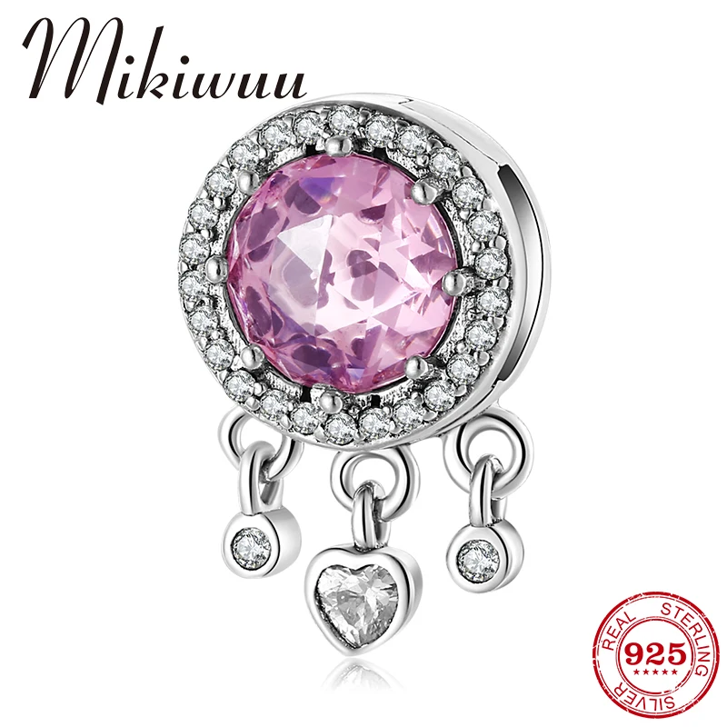 

Authentic 925 Sterling Silver Noble Elegant Pink Clear CZ Crystal Beads Clip Charms Fit Reflection Bracelet DIY Jewelry Making