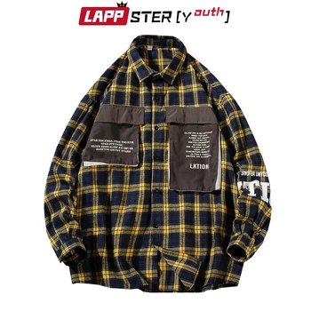 

LAPPSTER-Youth Men Streetwear Harajuku Plaid Shirts Pockets 2020 Hip Hop Men Shirt Long Sleeve Couple Button Up Oversized Shirt
