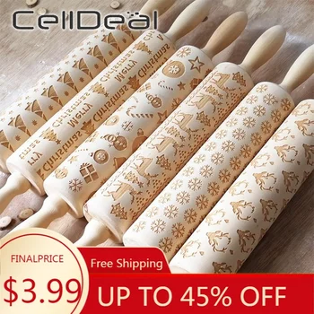 

Christmas Wooden Rolling Pin Embossing Snowflake Christmas Tree Elk Flower Pattern Stick Roller Cake Pastry Decorating Tool