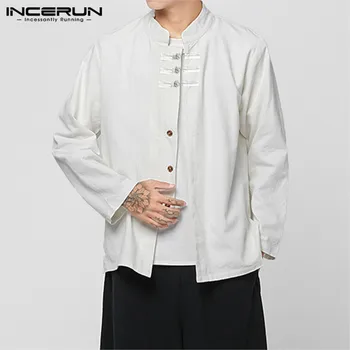 

INCERUN Men Solid Color Long Sleeve Retro Casual Shirt Jackets Fashion Traditional Comfort Joker Buckle Mens Blouse Streetwear