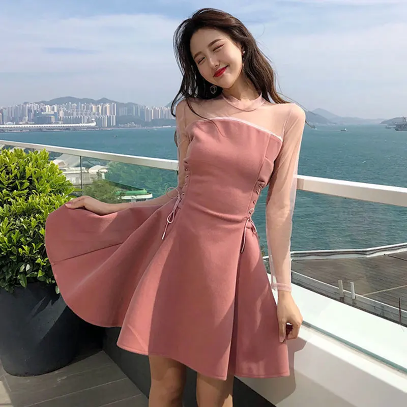 

3-5f WOMEN'S Dress New Style Korean-style Fashion Gauze Long Sleeve Joint High-waisted A- line Skirt Elegant Lace-up Waist Huggi
