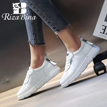 

RIZABINA Real Leather Women Sneakers Zipper Cross Strap Flats Shoes Women Casual Daily Shoes Lady Street Footwear Size 35-40