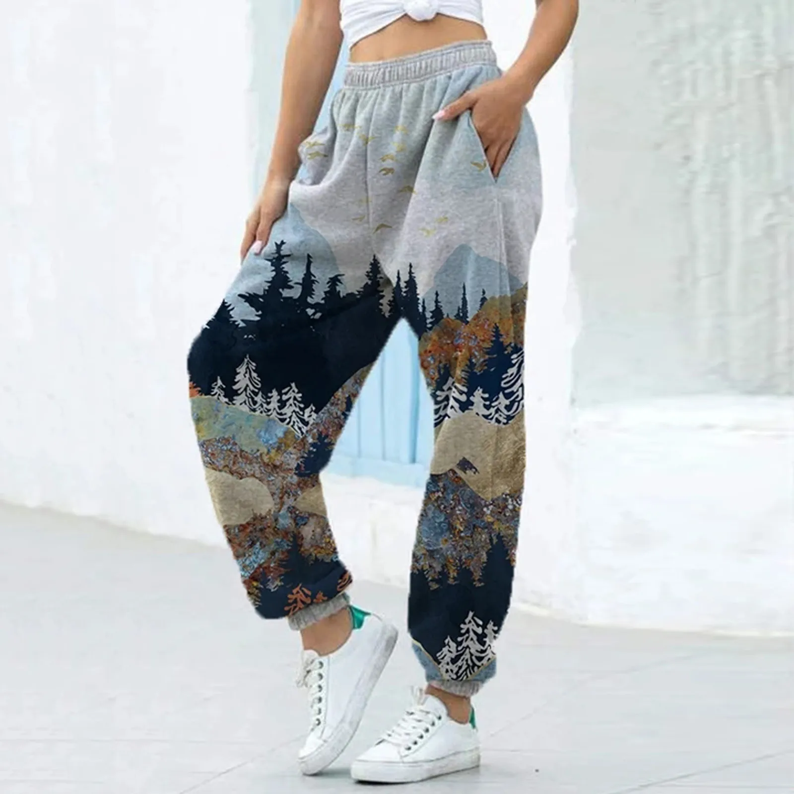 

Women's Sweatpants Fashion Mountain Landscape Print Winter Warm Sports Running Pants Women Gym Fleece Trousers  