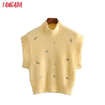 

Tangada korea chic women embroidery yellow sweet sweater short sleeve vintage ladies school style knitted jumper tops 3H352