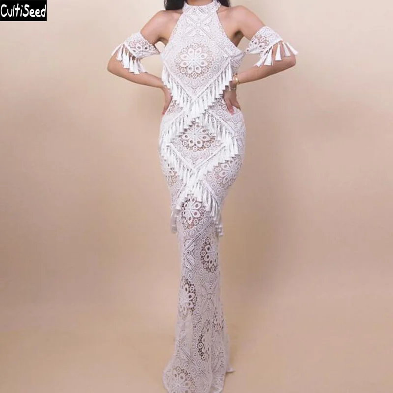 

Women Lace Dress Female Sexy Hollow Out Floral Lace Off the Shoulder Slim Hip Party Long Dress Ladies Fashion Tassel Dresses