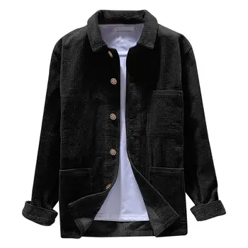 

Men Solid Color Long Sleeve Turn Down Collar Button Corduroy Pockets Shirt