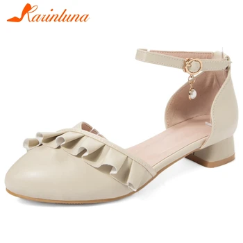 

KARINLUNA New 2020 Ladies Elegant Shallow Dating Sandals Casual Low Chunky Heels Women Sandals Sweet Ruffles Women Shoes