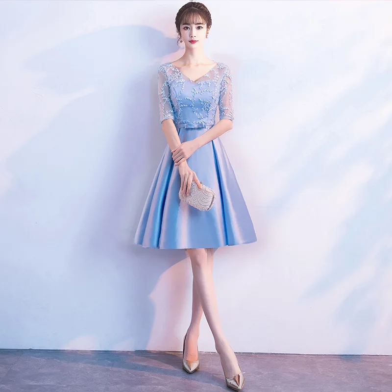 Pink Elegant Evening Dresses Qi Pao Women Traditional Chinese Dress Cheongsam Modern Femme Lace Short Qipao Bridesmaid Gown - Цвет: Light blue Vneck sht