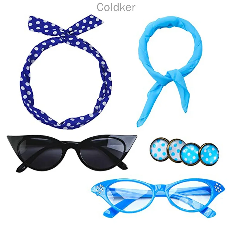 Adult Halloween Cosplay Costumes 5 Pack 50s Set Chiffon Scarf Cat Eye Glasses Bandana Tie Headband Earrings