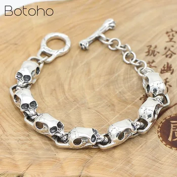 

925 Sterling Silver color Skeleton Skull Bracelets Men Real Silver Punk Vintage Skull Chain Bracelets Jewelry Birthday Gifts