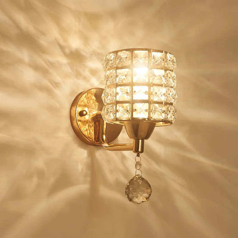 Modern golden LED crystal wall lights with pull switch bedroom bedside