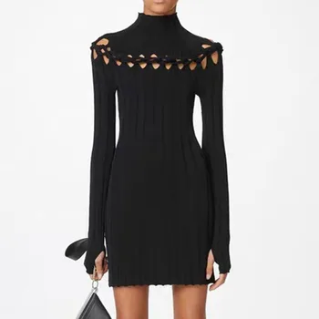 

Female Wispy Design Autumn Knit Dress Long Sleeve Bodycon Hollow Pullover Casual Date Night Going Out Office Lady Goth Fashion