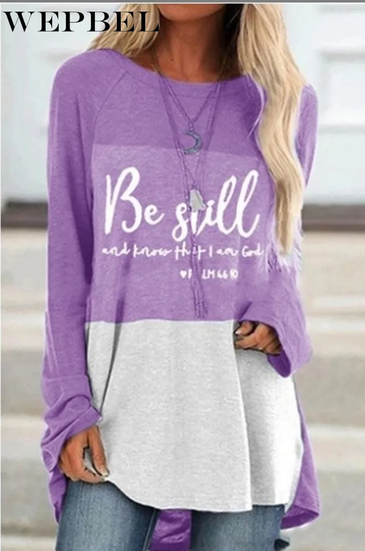 

WEPBEL Autumn Stitching O-Neck Loose Pullover T-shirt Women's Casual Long-Sleeved Printed Letter T-shirt
