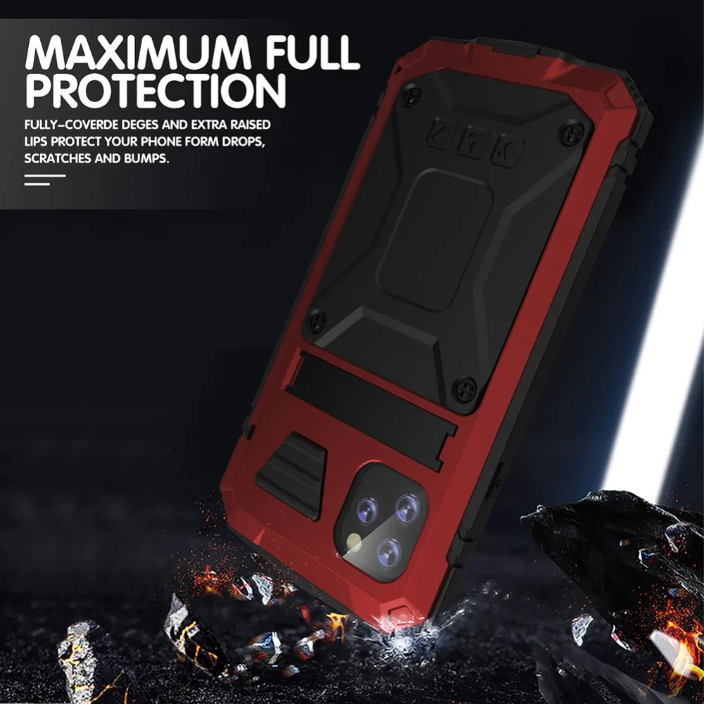 For iPhone 11 Pro Max XS XR XS Max X Metal Aluminum Armor Shockproof Heavy Duty Waterproof Case protective Cover+Tempered glass (13)