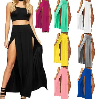 

Sexy Skirt Women Solid Color High Waist Woman Skirts Double Side Slit Cocktail Long SkirtFull-length Skirts womens Bottom