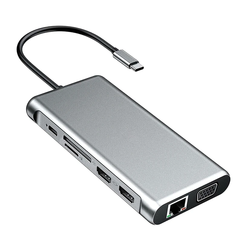 

12 in 1 USB Type C HUB Dual 4K USB3.0 USB2.0 PD VGA RJ45 3.5mm TF/SD Card