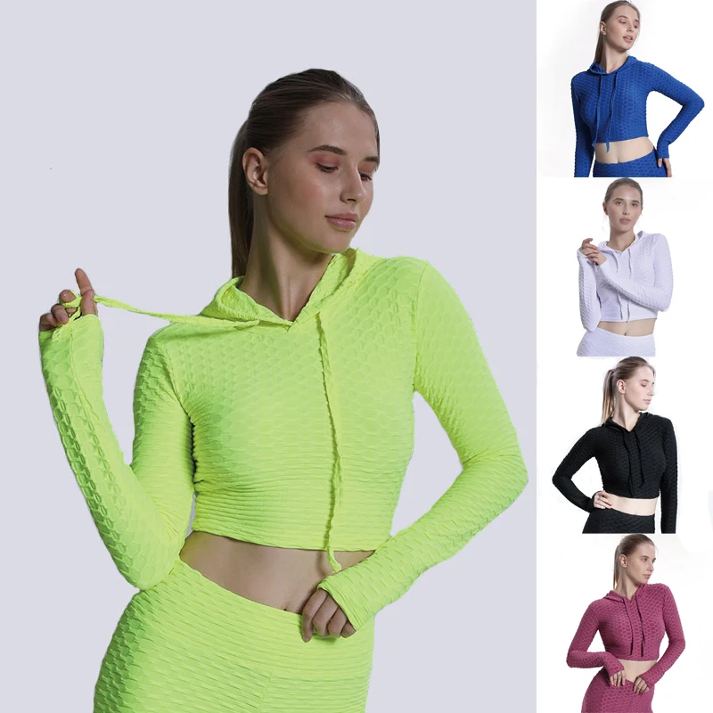 

Women Plain Bubble Fitness Hooded Tops Long Sleeve V Neck Yoga Crop Top Sports Outfit Gym Seamless Drawstring Workout Clothes