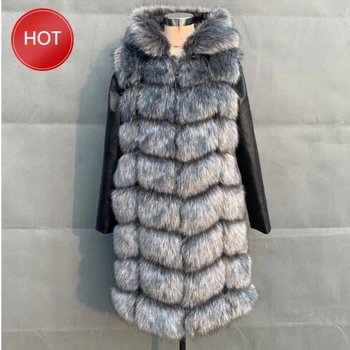 

Winter Women Black Leather Removable Sleeve Fur Jacket With Hooded Women Faux Fox Fur Coat High imitation Fox Fur Jacket 2020