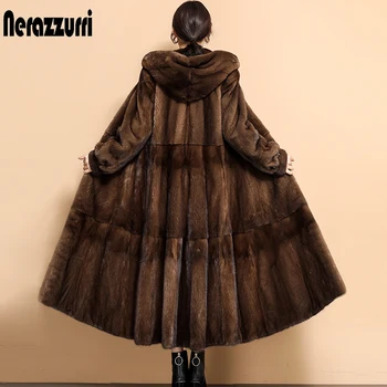 

Nerazzurri long real mink fur coat denmark with hood long sleeve plus size mink coats women full pelt thick whole mink jackets