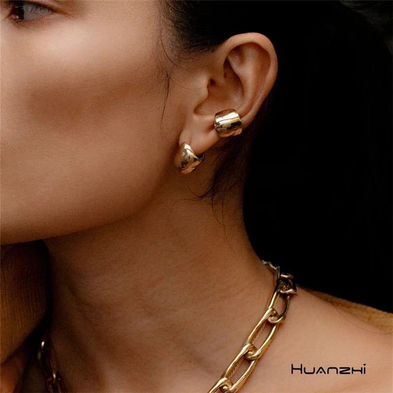 HUANZHI-pendientes de Metal con clip para hueso del oído para mujer, aretes sin Piercing, Color dorado/plateado, joyería de fiesta para niña 2020