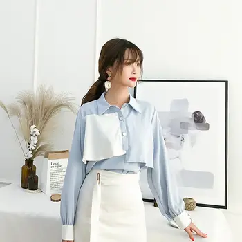 

Patchwork Chiffon Blouse For Women 2020 Spring Summer Lapel Collar Long Sleeve Tops Office Lady Casual Shirts Color Block Blouse