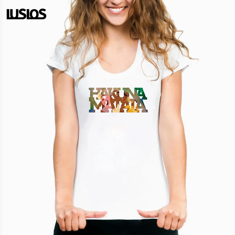 

LUSLOS HAKUNA MATATA Print T Shirt For Women Summer 2019 Short Sleeve White Casual Round Neck Tee Tops Women Streetwear T-shirts