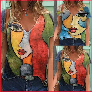 Vintage V Neck Tshirt Womens Summer Casual Abstract Character Print T Shirt Tops Female Streetwear Y2K Short Sleeve Clothes Tees 1