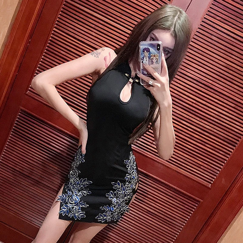 Китайское платье, винтажное, цветочное, Ципао, женское белье, vestido chino, Холтер, v-образный вырез, открытая спина, китайское платье Ципао - Цвет: color1