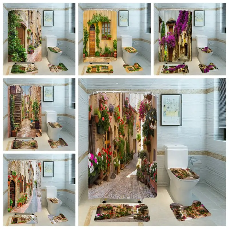 

Natural Scenery Italian Countryside Flowers Green Leaves Plant Bathroom 4PCShower Curtains Set Bath Antislip Carpet Toliet Decor