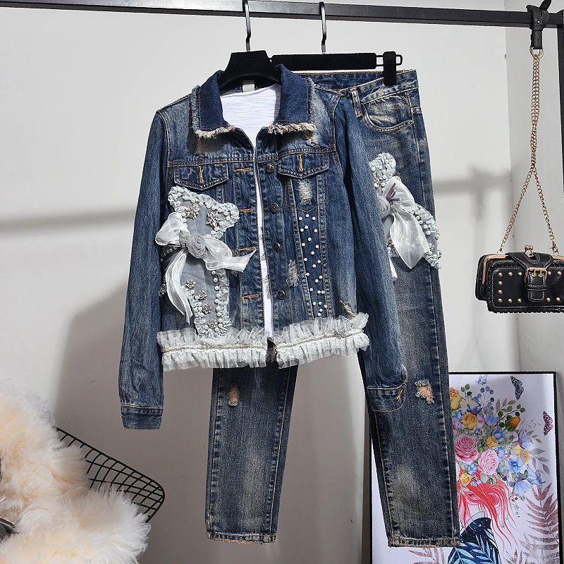 Весна-осень комплект джинсов женские костюмы тонкий мультфильм гвоздь бисера джинсовая куртка+ рваные джинсы женские ковбойские брюки костюм из двух предметов