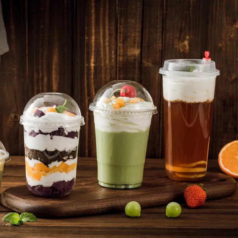 

50pcs Transparent disposable cold drink packaging cups party favor 500ml milk tea juice ice cream pudding plastic cups with lids