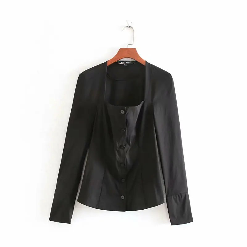 

women vintage square collar solid black blouse ladies single breasted chic shirts femininas long sleeve casual slim tops LS4331
