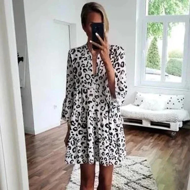 Big Size Ladies Dress Leopard Print High Waist V-neck Bell Sleeve Summer Beach Short Dresses Vestido Con Estampado De Para Mujer