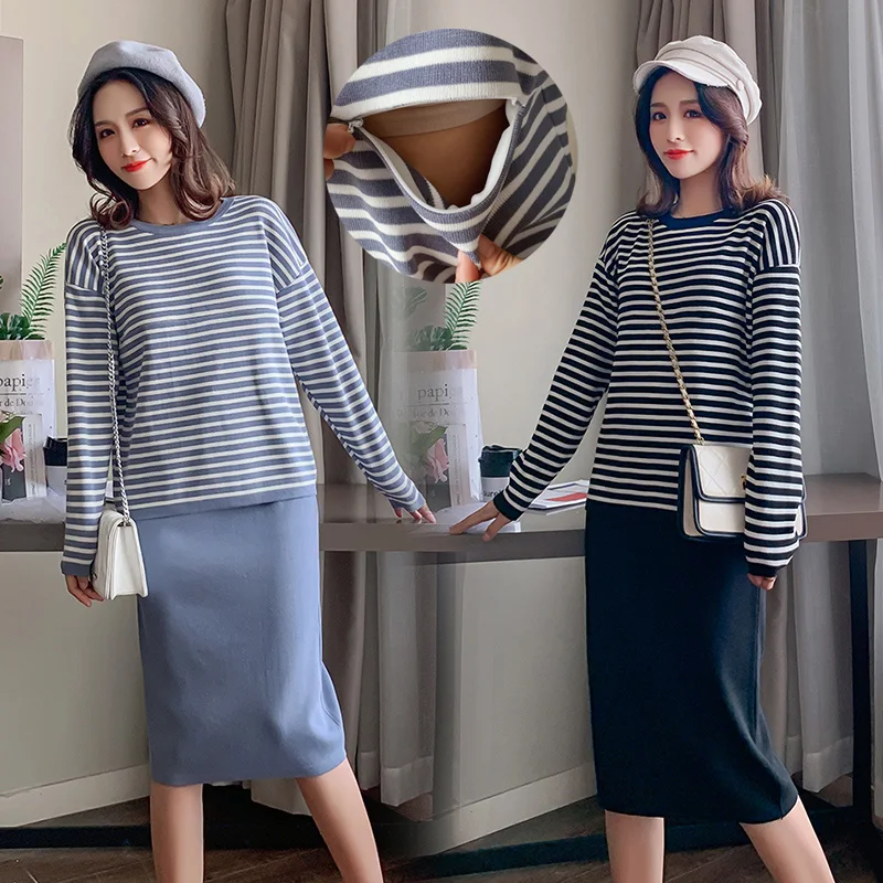 

9921# Striped Thin Knitted Maternity Nursing Shirts + Skirts Suits Autumn Feeding Clothes for Pregnant Women Pregnancy Clothing
