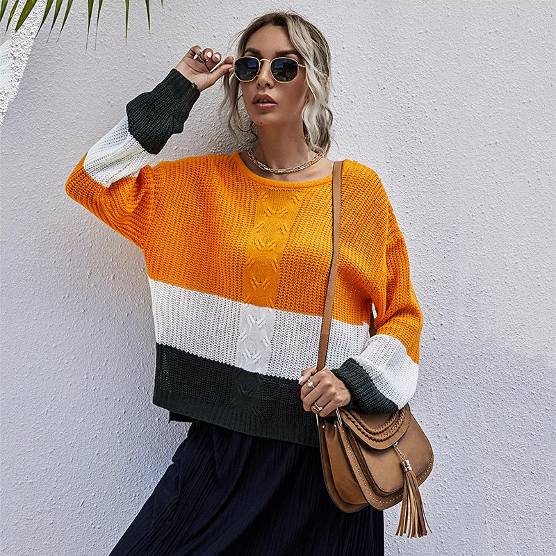 

Casual 2020 Autumn Winter Color Block Striped Sweater Women Jumpers Long Sleeve Woman Pullovers Sweaters