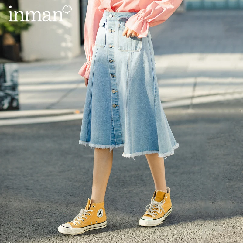 

INMAN 2020 Spring New Arrival Retro Style Literary Single Breasted Women A Line Pocket Decoration Denim Skirt