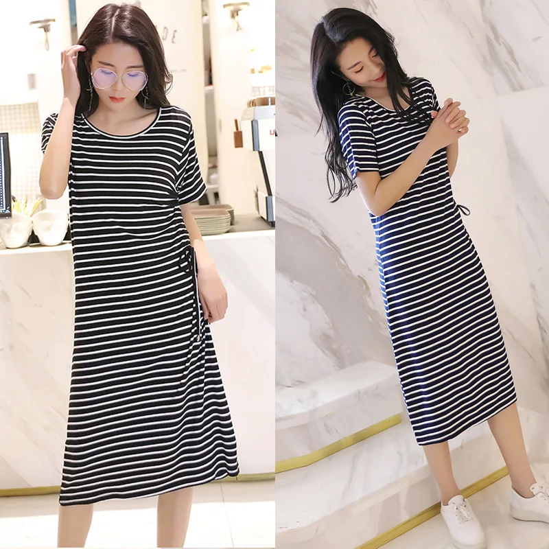 

2019 Spring And Summer New Style Stripes Short-sleeve Dress Women's Korean-style Outer Wear Lace-up Large Size Elegant Base Dres